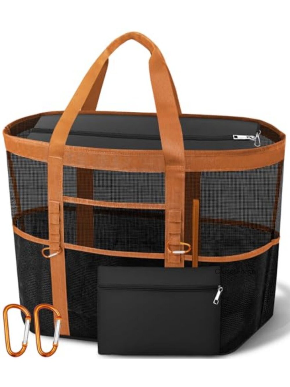 Mesh Canvas Travel Tote Bag with Top Zipper and 11 Pockets, Sandproof Beach Bag